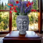 Masca Ghiveci Vas Decorativ Cap Buddha gri ceramica 22cm (7)